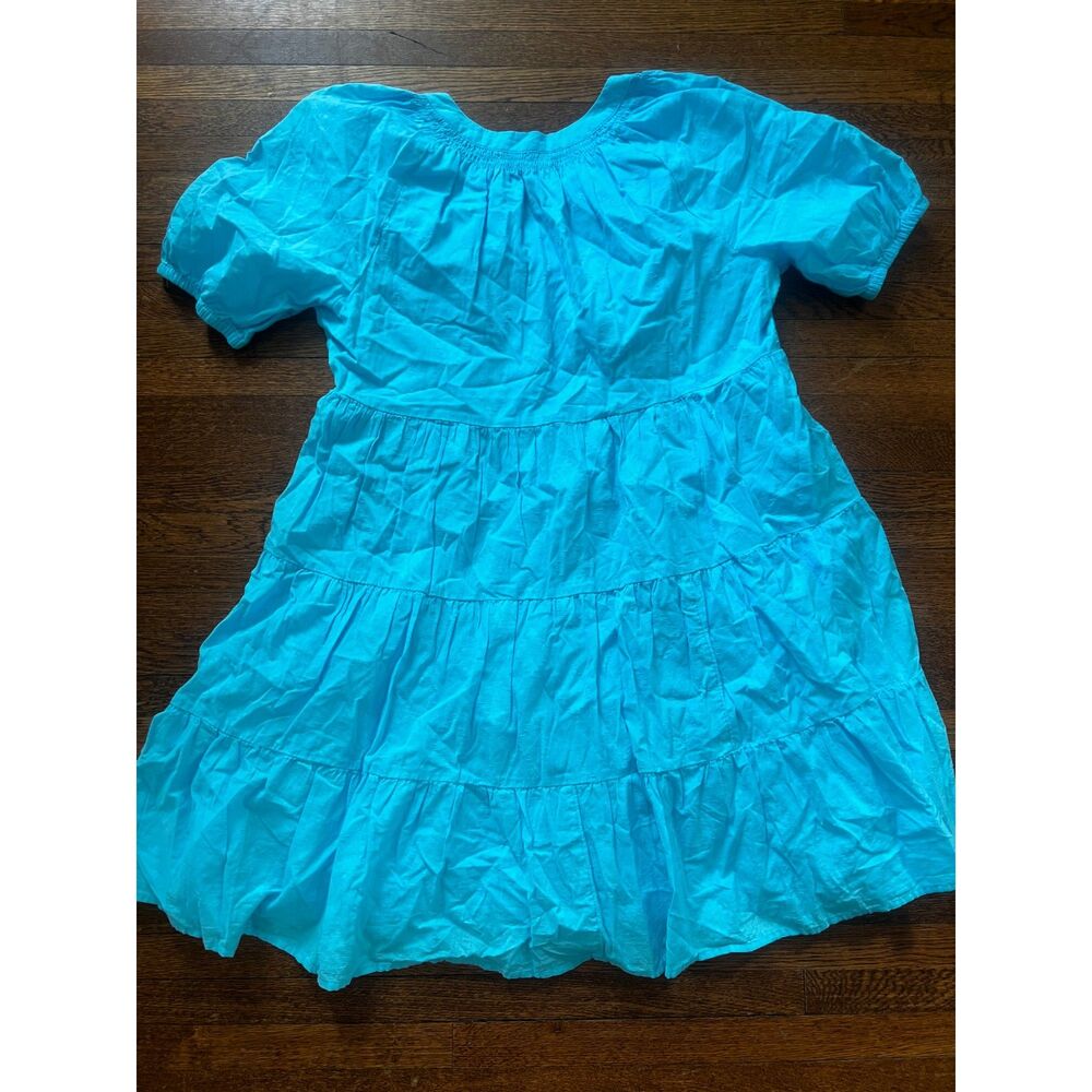 Crown & Ivy Pleated Ruffle Aqua 100% Cotton Short Sleeve Mini Dress Petite Small - Picture 2 of 9